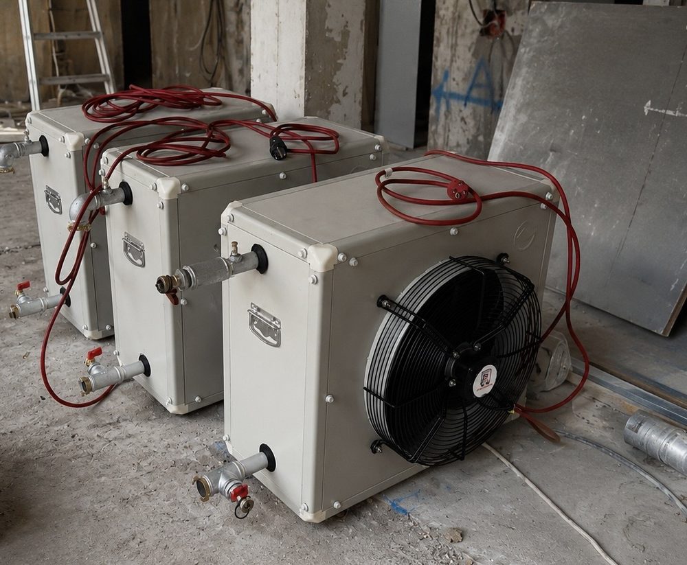 Drei mobile wassergeführte Lüftungsheizgeräte von Dr. Heat mit Ventilator und Schlauchanschlüssen auf einer Baustelle